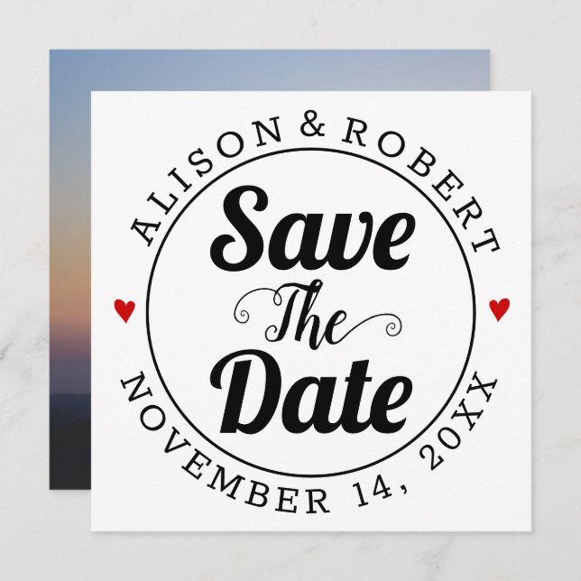 Black typography and red hearts photo on the back save the date (Front/Back)