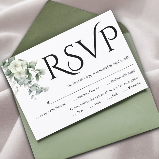 Black typography, eucalyptus branch, white flowers RSVP card (Creator Uploaded)