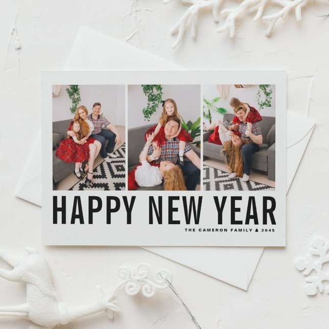 Black Typography Happy New Year Photo Collage Holiday Card (Send new year cheer with this customizable black and white three-photo-collage Happy New Year Card. )
