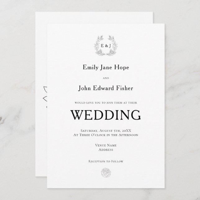 Black Typography/Leaf Monogram Initials Wedding Invitation (Front/Back)