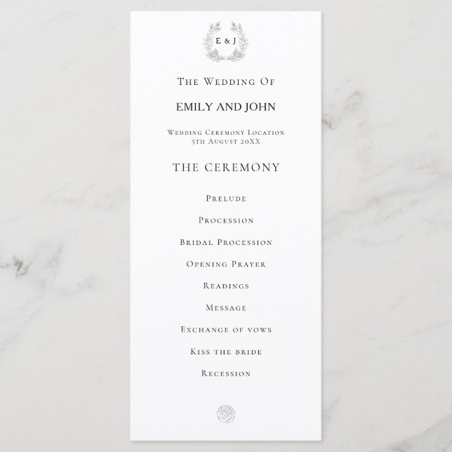 Black typography/Leaf Monogram Initials/Wedding Programme (Front)