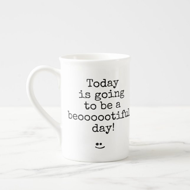 Black Typography Phrase Beooootiful Day Bone China Mug (Left)