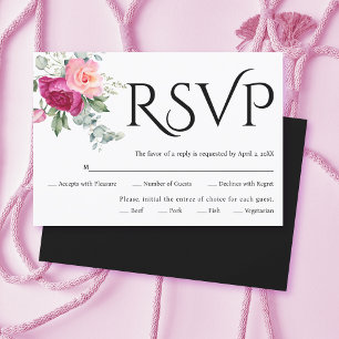 Black typography, pink rose flowers wedding RSVP card