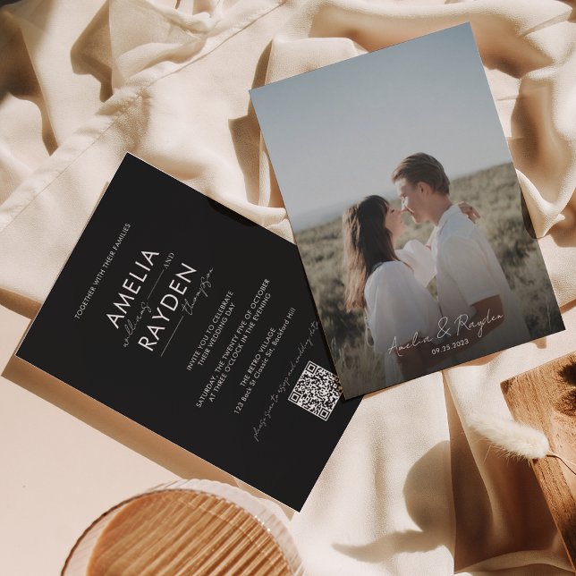 Black Typography Script Photo QR Code Wedding Invitation (Creator Uploaded)