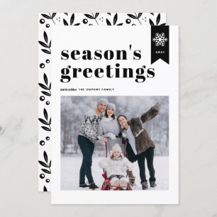 Black Typography Snowflake Seasons Greetings Photo Holiday Card