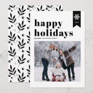 Black Typography Snowflakes Happy Holidays Photo Holiday Card