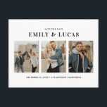 Black Typography Three Photo Collage Save The Date Announcement Postcard<br><div class="desc">Black Typography Three Photo Collage Save The Date Postcard | Announce your wedding date with this modern save the date postcard. It features simple typography and three photo collage. This photo save the date is a perfect way to showcase your favourite engagement photos. Perfect for any wedding theme.</div>