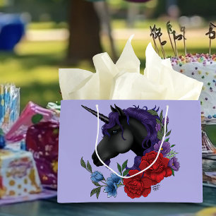 Black Unicorn and Flowers Large Gift Bag