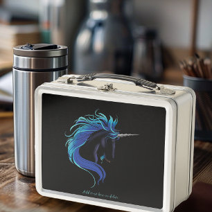 Black Unicorn Blue Silver Metal Lunch Box