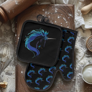 Black Unicorn Blue Silver Oven Mitt & Pot Holder Set
