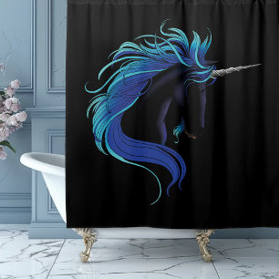 Black Unicorn Blue Silver Shower Curtain
