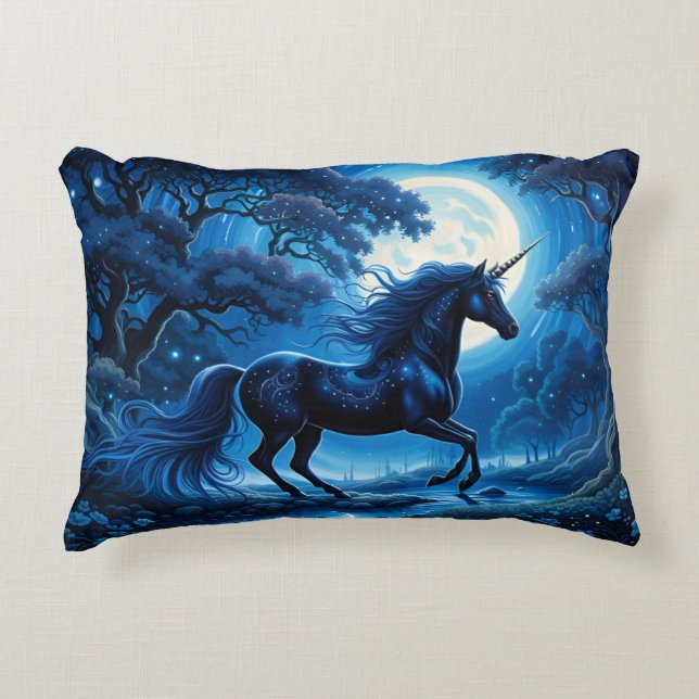 Black Unicorn Fantasy Full Moon Decorative Cushion (Front)