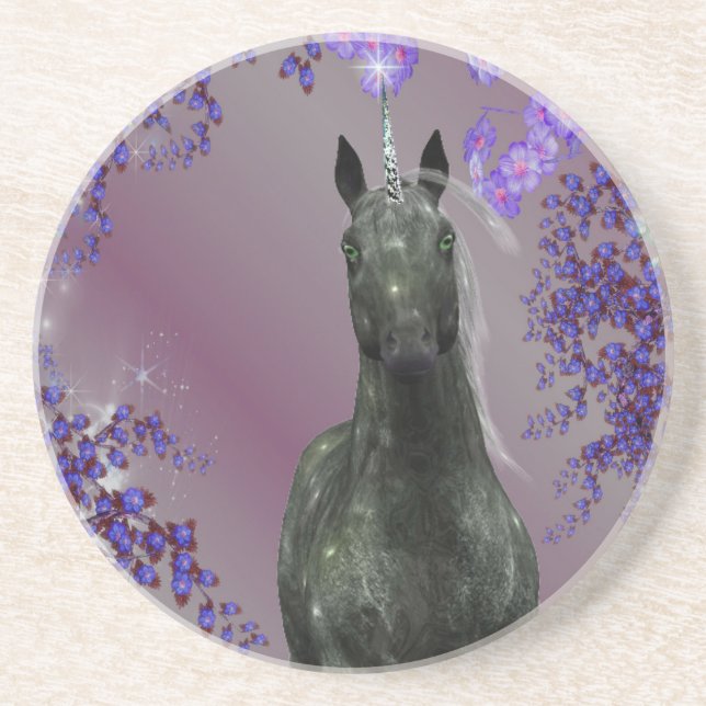 Black Unicorn Flowers Fantasy Drink Coaster (Front)