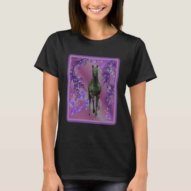 Black Unicorn Flowers Fantasy Horse Art T-Shirt (Front)