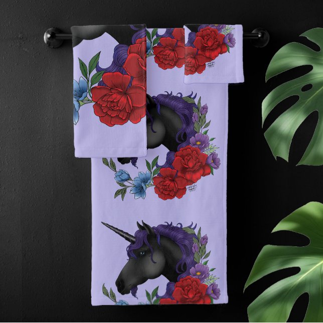 Black Unicorn Flowers Purple Bath Towel Set (Creator Uploaded)