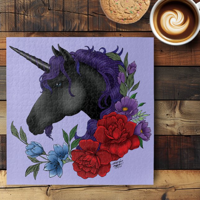 Black Unicorn Flowers Purple Jigsaw Puzzle (Creator Uploaded)