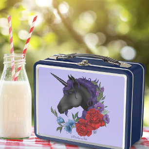 Black Unicorn Flowers Purple Metal Lunch Box