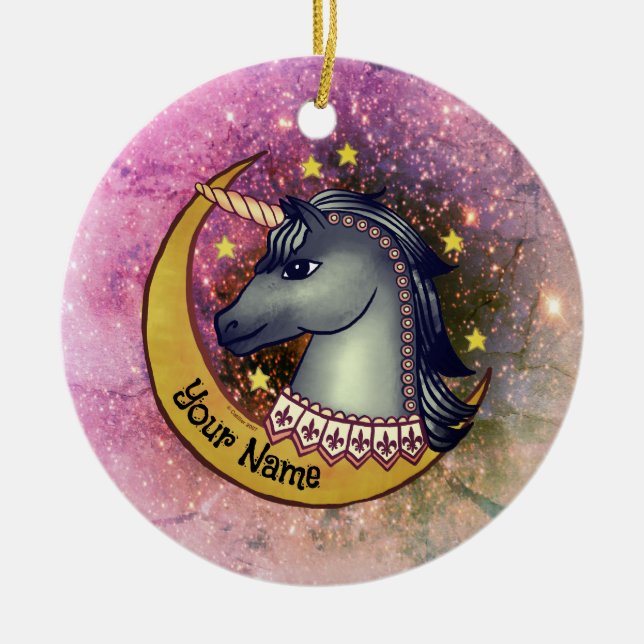 Black Unicorn Moon Ceramic Tree Decoration (Front)