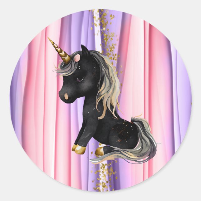 Black Unicorn Pink Ears Classic Round Sticker (Front)
