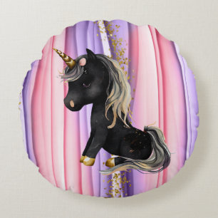 Black Unicorn Pink Ears  Round Cushion