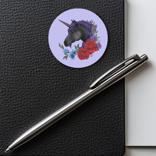 Black Unicorn Purple Midnight Garden Flowers Classic Round Sticker
