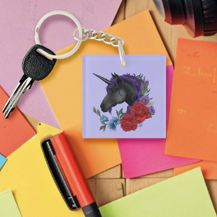 Black Unicorn Purple Midnight Garden Flowers Key Ring