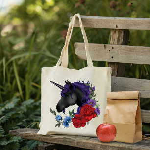 Black Unicorn Purple Midnight Garden Flowers Tote Bag