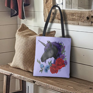 Black Unicorn Purple Midnight Garden Flowers Tote Bag