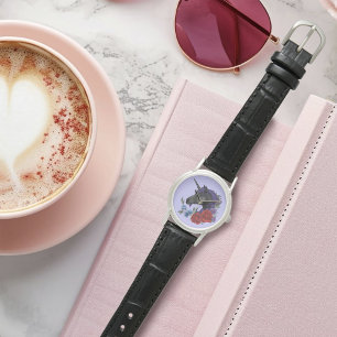 Black Unicorn Purple Midnight Garden Flowers Watch