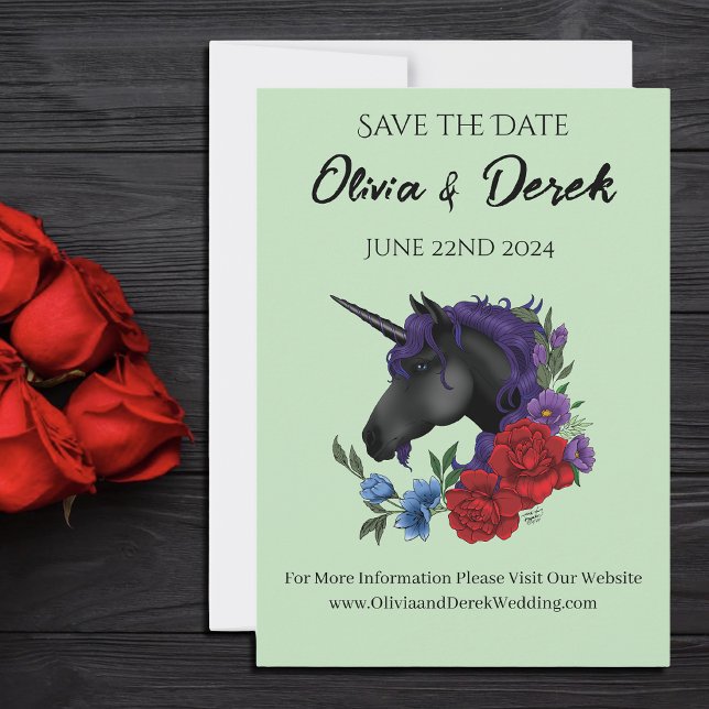 Black Unicorn Purple Red Sage Flowers Invitation (Creator Uploaded)