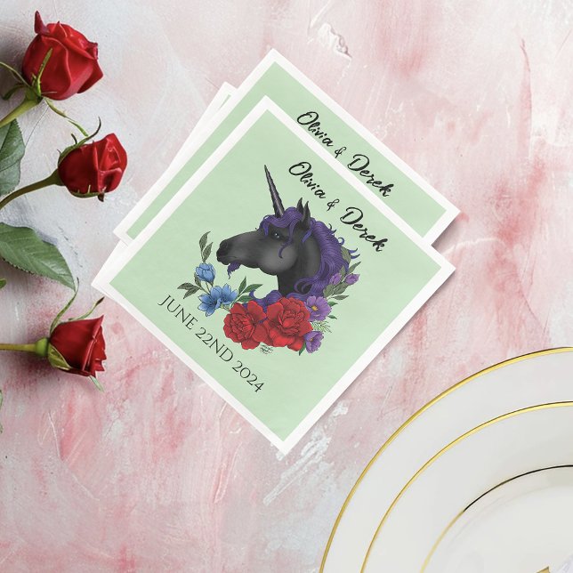 Black Unicorn Purple Red Sage Flowers Napkin (Creator Uploaded)