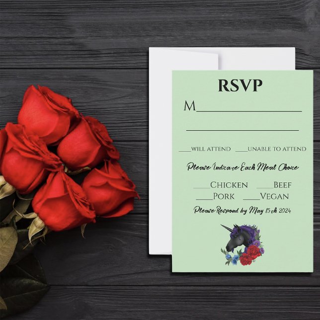 Black Unicorn Purple Red Sage Flowers RSVP Card (Creator Uploaded)