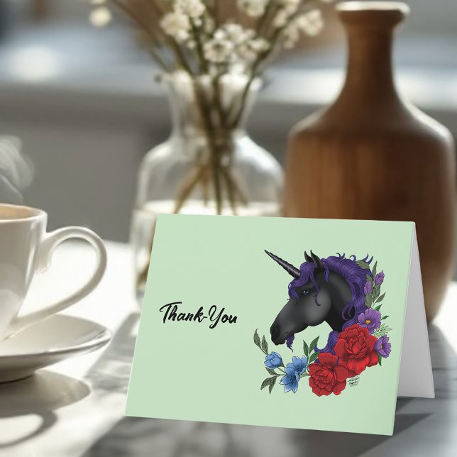 Black Unicorn Purple Red Sage Flowers Thank You Card (Creator Uploaded)