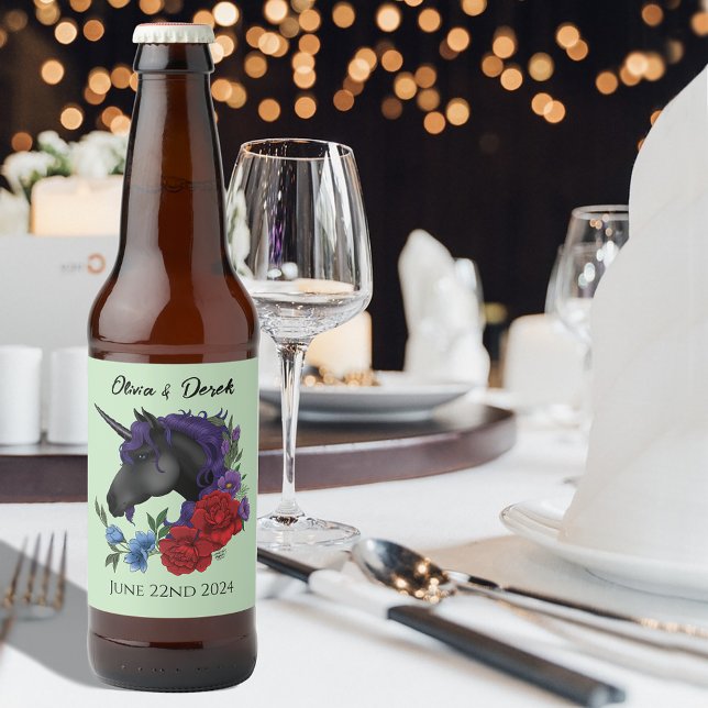 Black Unicorn Purple Red Sage Flowers Wedding Beer Bottle Label (Creator Uploaded)