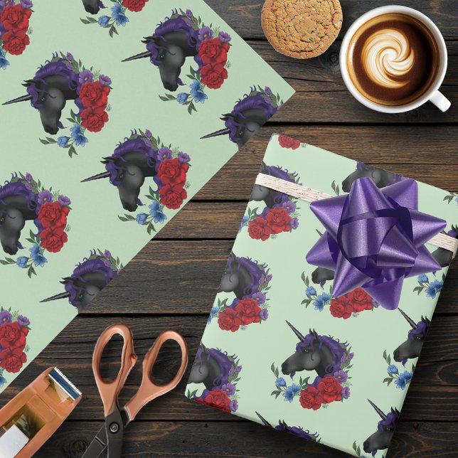 Black Unicorn Purple Red Sage Flowers Wrapping Paper (Creator Uploaded)