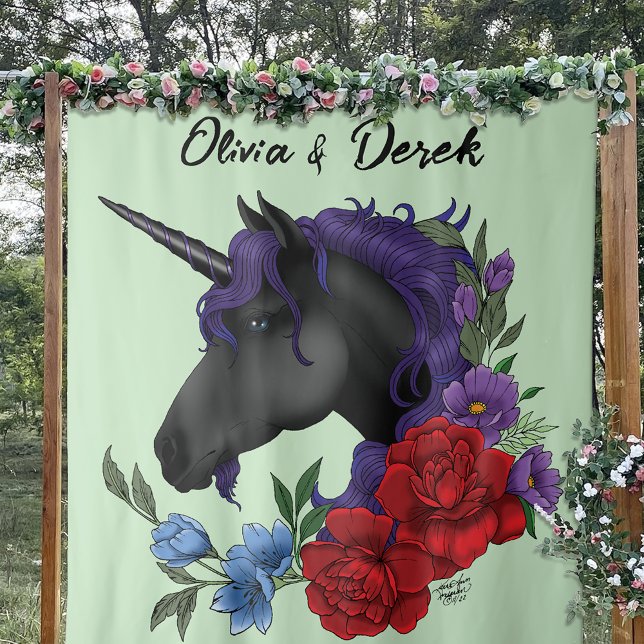 Black Unicorn Red Purple Sage Flowers Tapestry (Creator Uploaded)