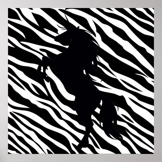 Black Unicorn Silhouette On Zebra Print Poster (Front)