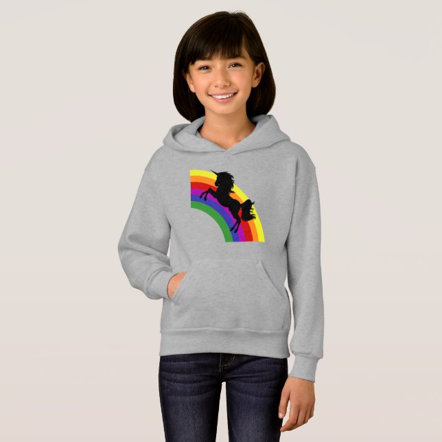 Black Unicorn Silhouette Rainbow  Girls' Hoodie (Front Full)