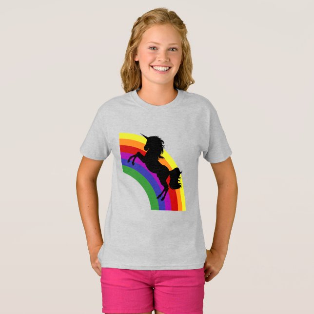 Black Unicorn Silhouette with Rainbow Girl's Shirt (Front Full)