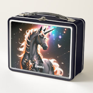 Black Unicorn With Gold Mane Custom Name Script Metal Lunch Box