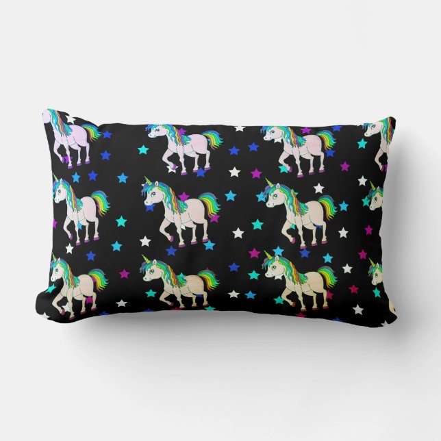 Black Unicorns & Star Print Lumbar Pillow (Front)