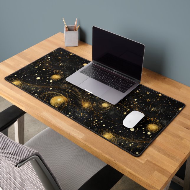 Black Universe Golden Planet Abstract Illustration Desk Mat (Office 2)