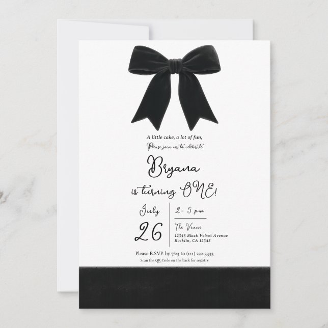 Black Velvet Bow Elegant Posh 1st Birthday Invitation (Front)