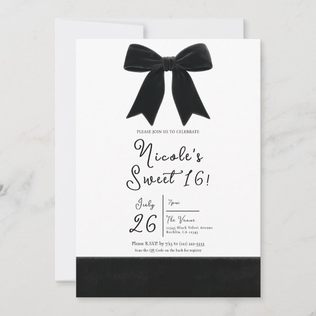 Black Velvet Bow Elegant Posh Sweet 16 Photo  Invitation (Front)