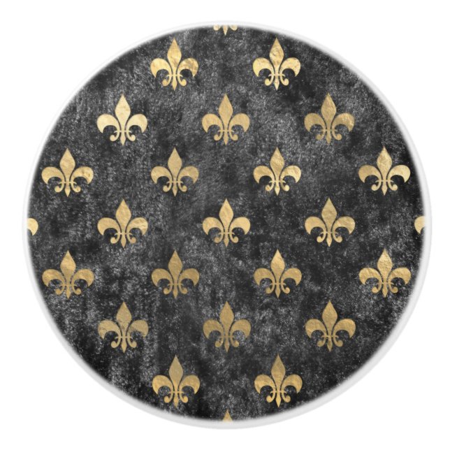 Black Velvet Fleur De Lis Mardi Gras Orleans Ceramic Knob (Front)