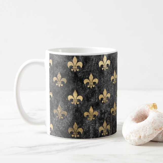 Black Velvet Fleur De Lis Mardi Gras Orleans Coffee Mug (With Donut)