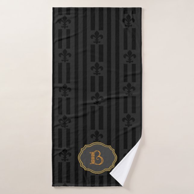 Black Velvet Fleur de Lis Monogram Bath Towel (Bath Towel)