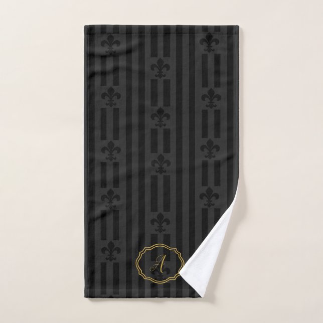 Black Velvet Fleur de Lis Monogram Hand Towel (Hand Towel)