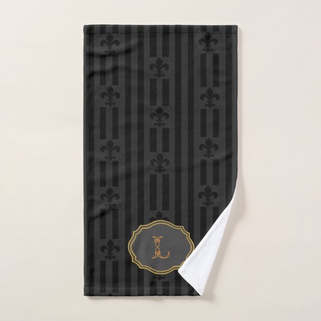 Black Velvet Fleur de Lis Monogram Hand Towel (Hand Towel)