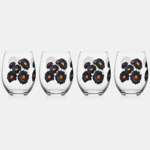 Black velvet flowers stemless wine glass